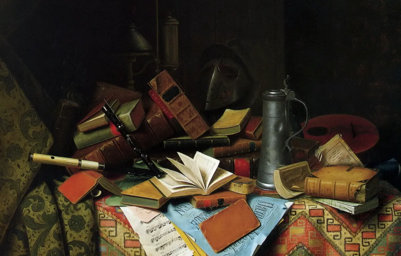 Photo wallpaper table, carpet, book