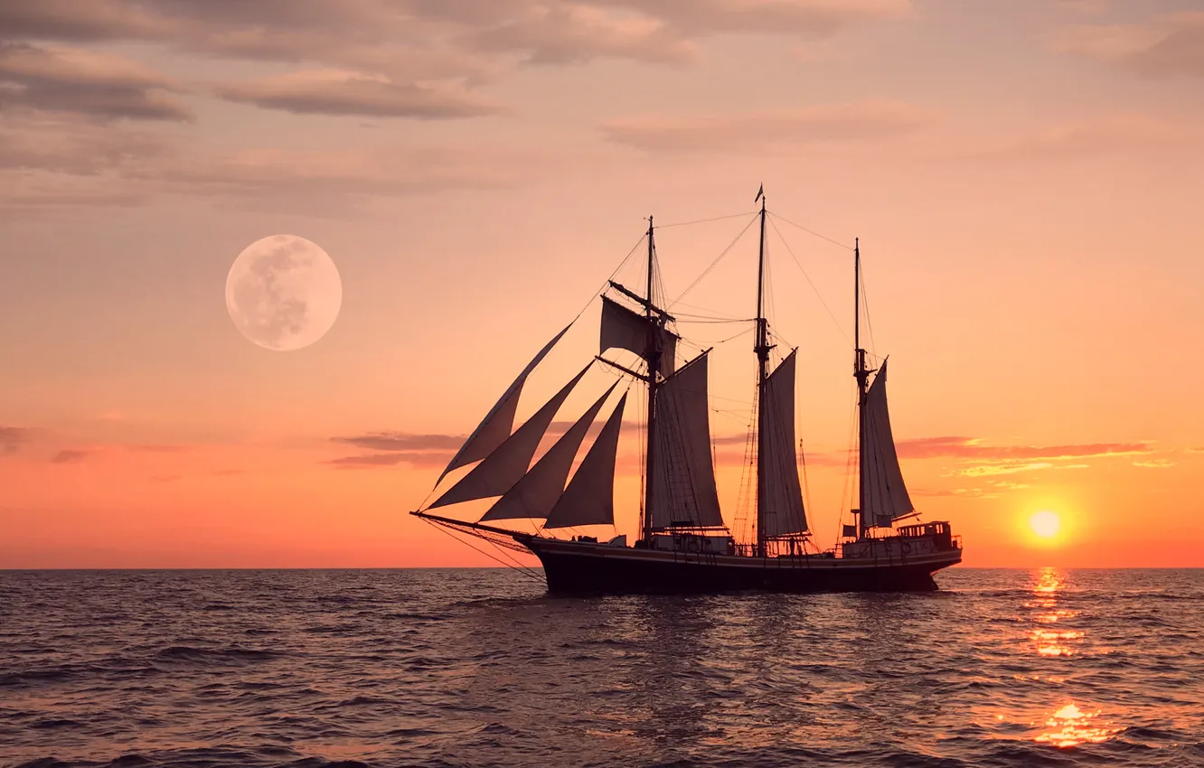 Photo wallpaper sea, the sky, sunset, the moon, schooner