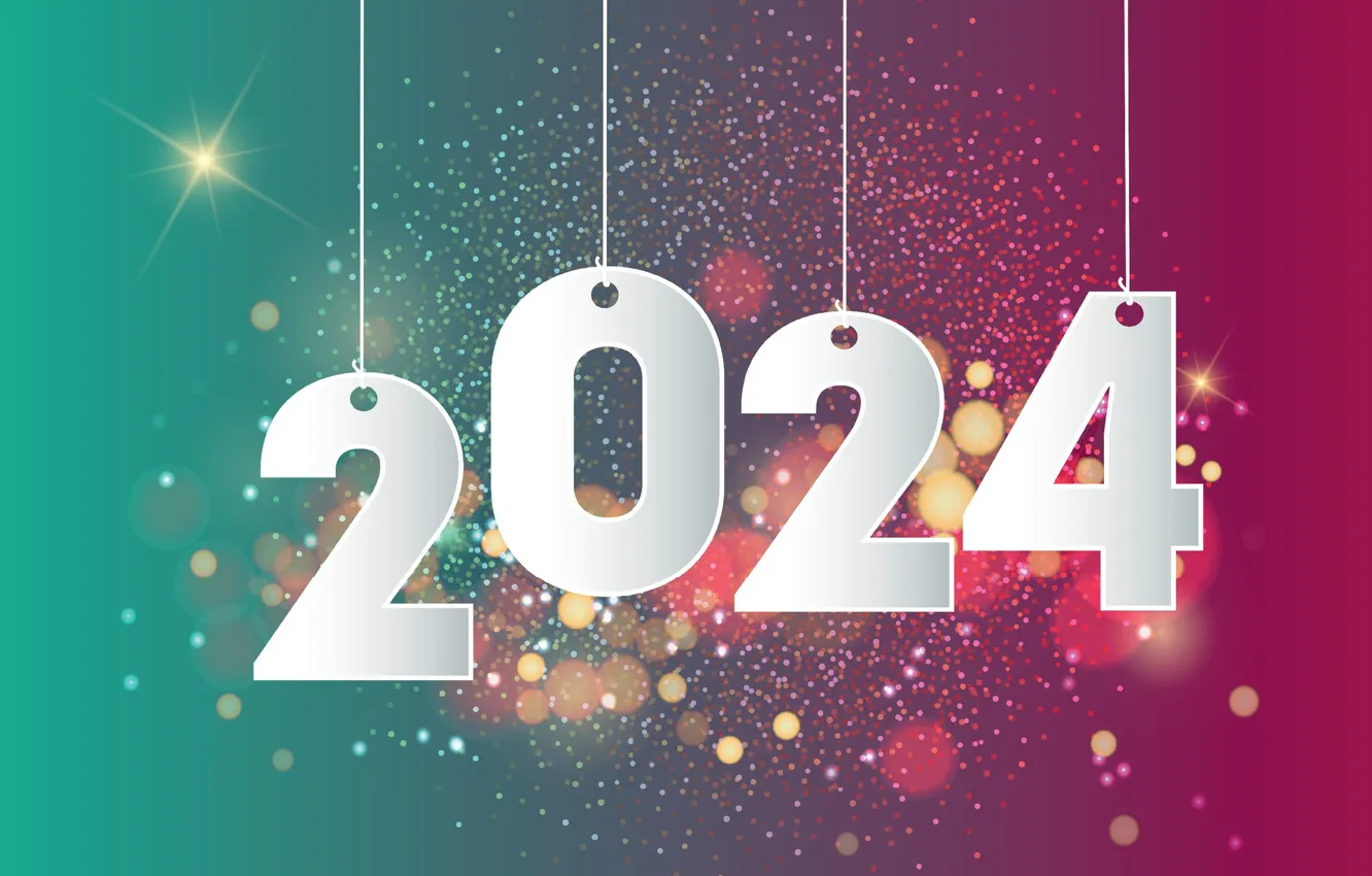Photo wallpaper new year, figures, white, hanging, date, bokeh, colored background, 2024