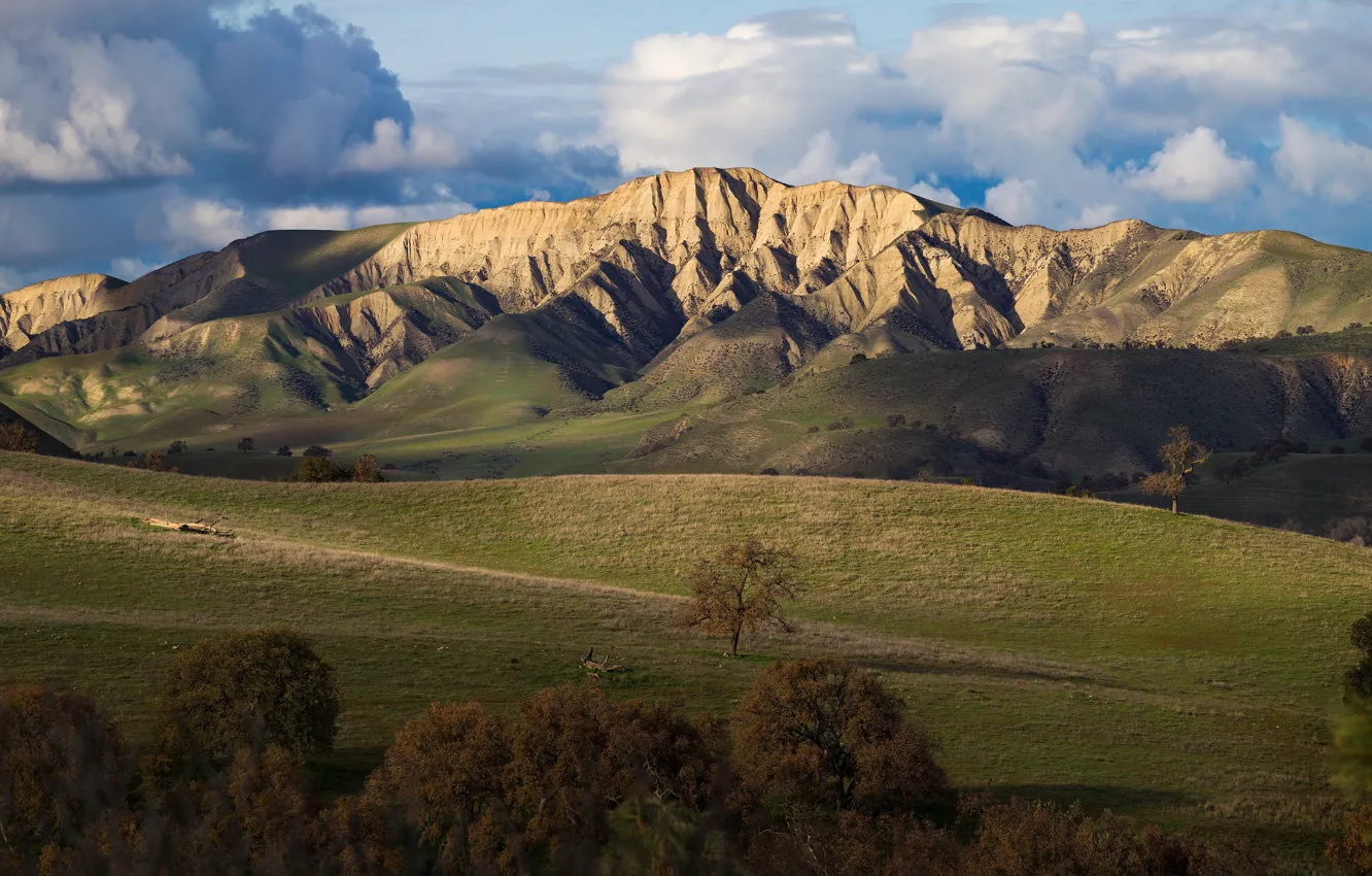 Photo wallpaper field, autumn, clouds, light, trees, mountains, rocks, hills