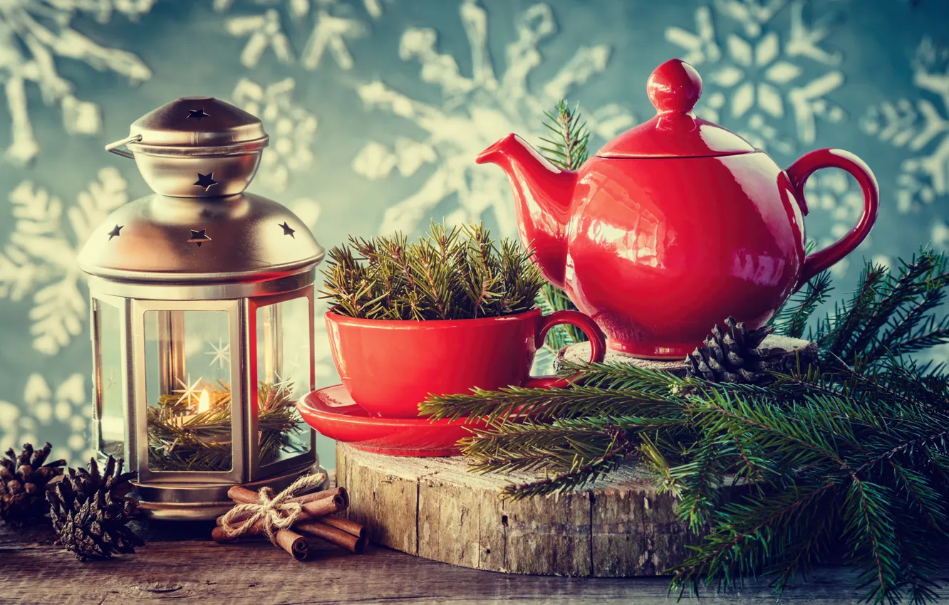 Photo wallpaper Candles, New Year, Branches, Holidays, Cinnamon, Kettle