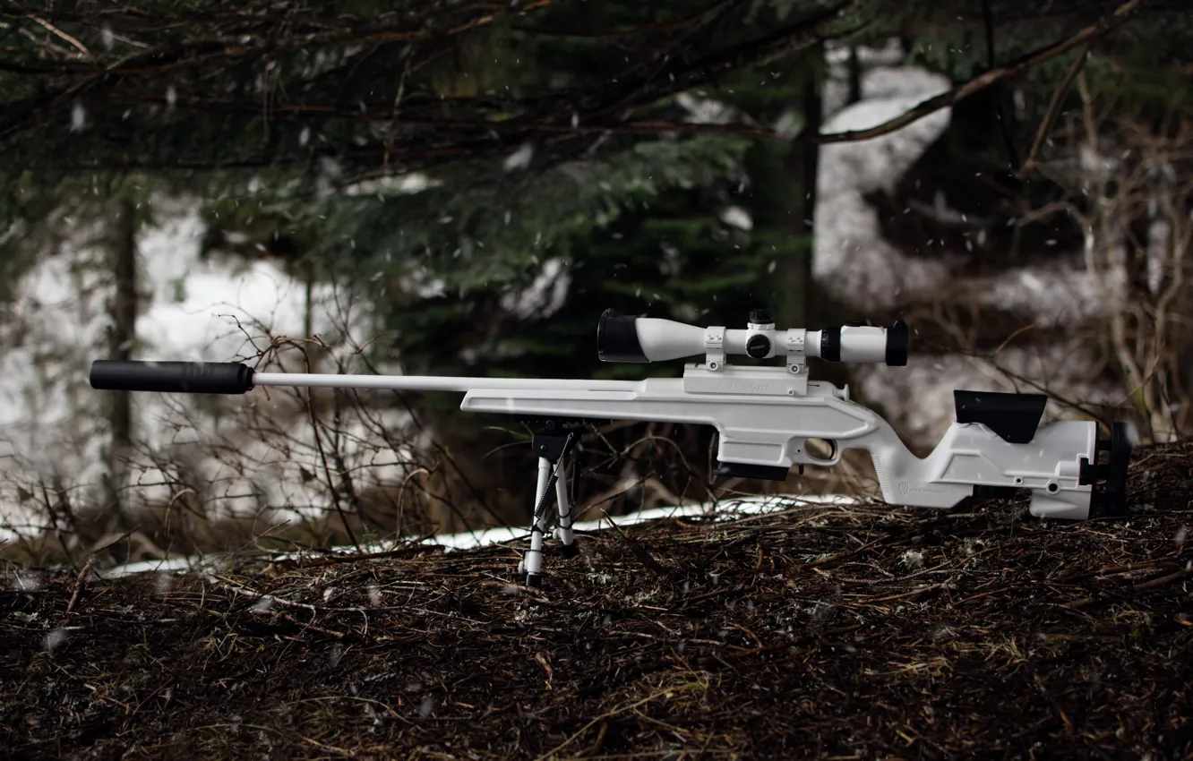 Photo wallpaper forest, white, weapons, optics, rifle, sniper, Mosin