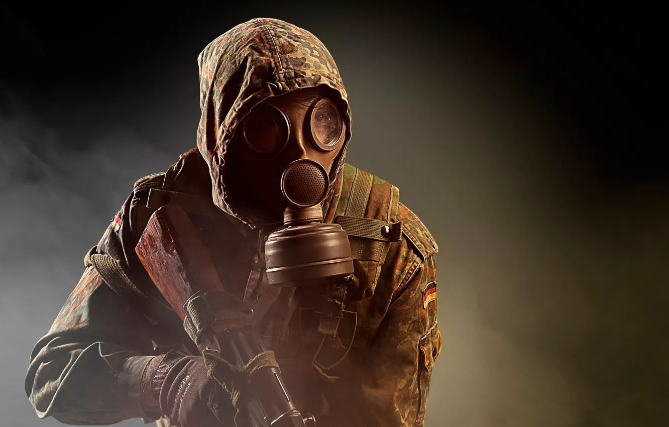 Photo wallpaper weapons, background, soldiers, machine, gas mask, male