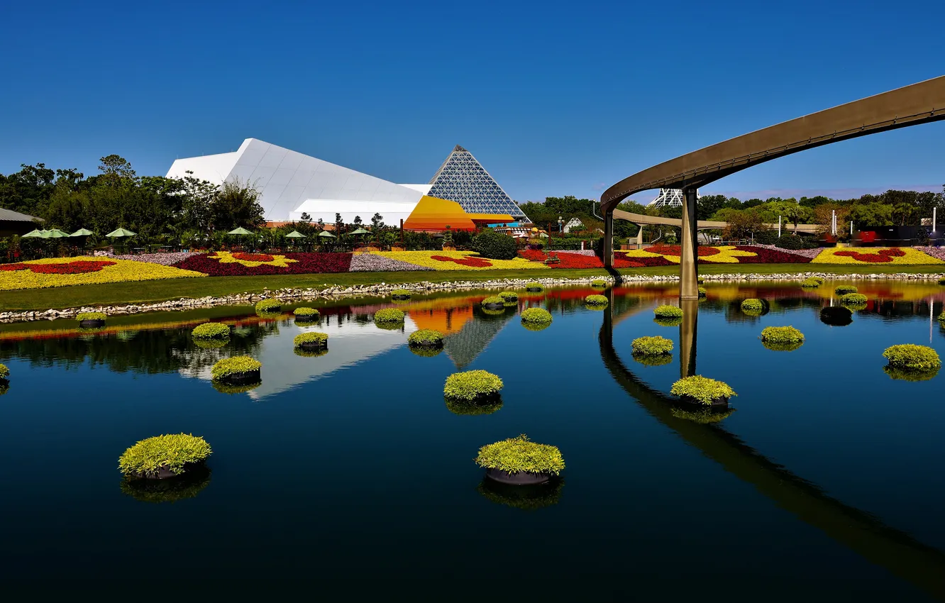 Photo wallpaper trees, flowers, bridge, design, reflection, blue, pattern, shore