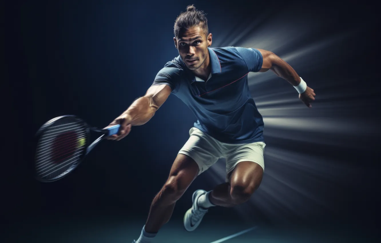 Photo wallpaper the dark background, sport, racket, male, tennis, digital art, AI art, The Art of Artificial …