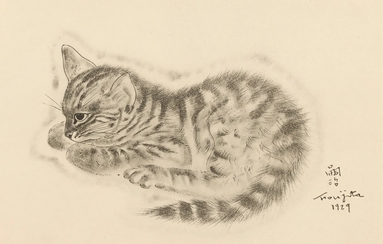 Photo wallpaper eyes, kitty, thought, 1929, Tsuguharu Foujita, The Book Of Cats