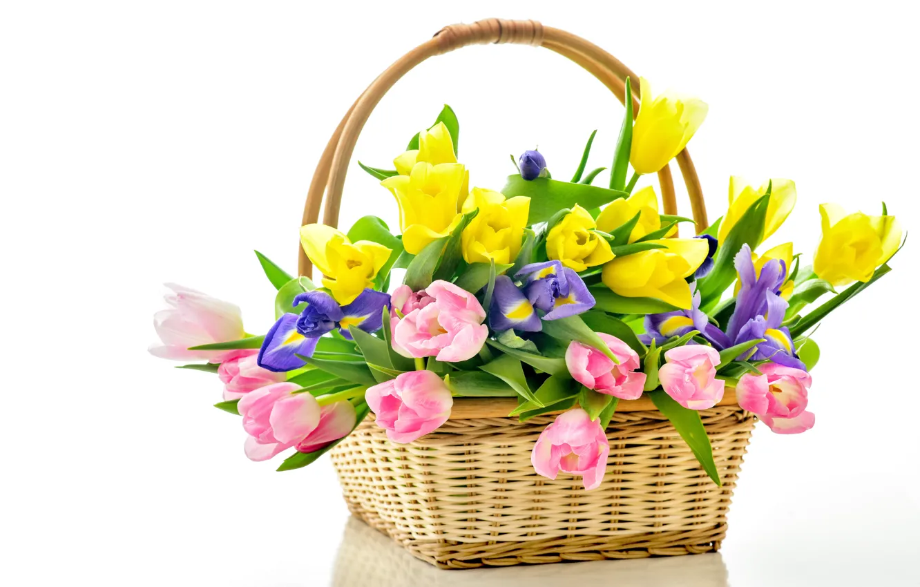 Photo wallpaper basket, tulips, flowers, tulips, bouquet, basket