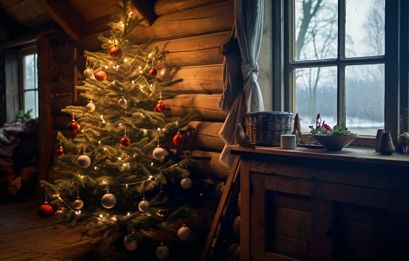 Photo wallpaper decoration, room, balls, tree, new year, home, interior, Christmas