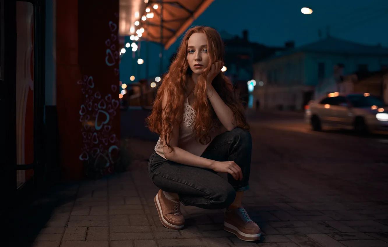 Photo wallpaper girl, night, sitting, Vyacheslav Shishkov, red hair