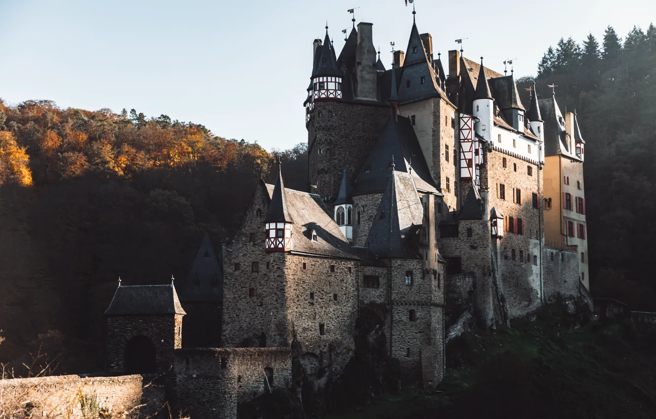 Photo wallpaper the sky, trees, mountains, Germany, ELTZ castle, medieval architecture