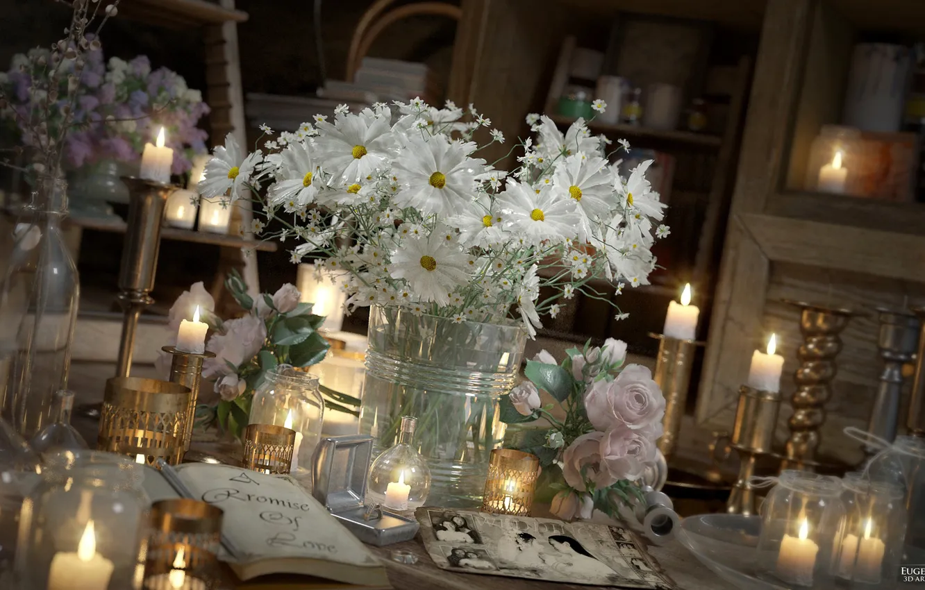 Photo wallpaper flowers, photo, candles, flask, A PROMISE OF LOVE