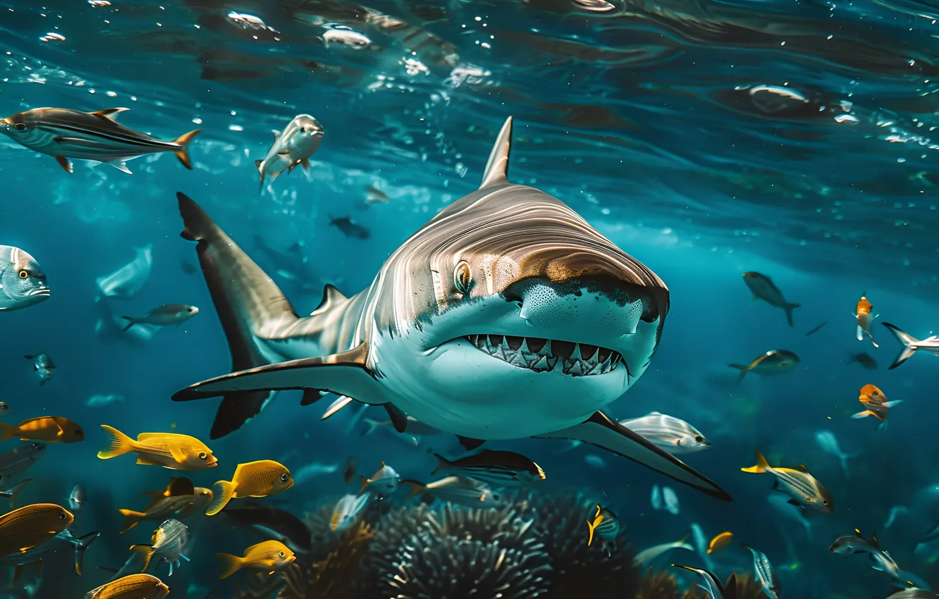 Photo wallpaper fish, predator, shark, teeth, underwater world, digital art, AI art, The Art of Artificial Intelligence