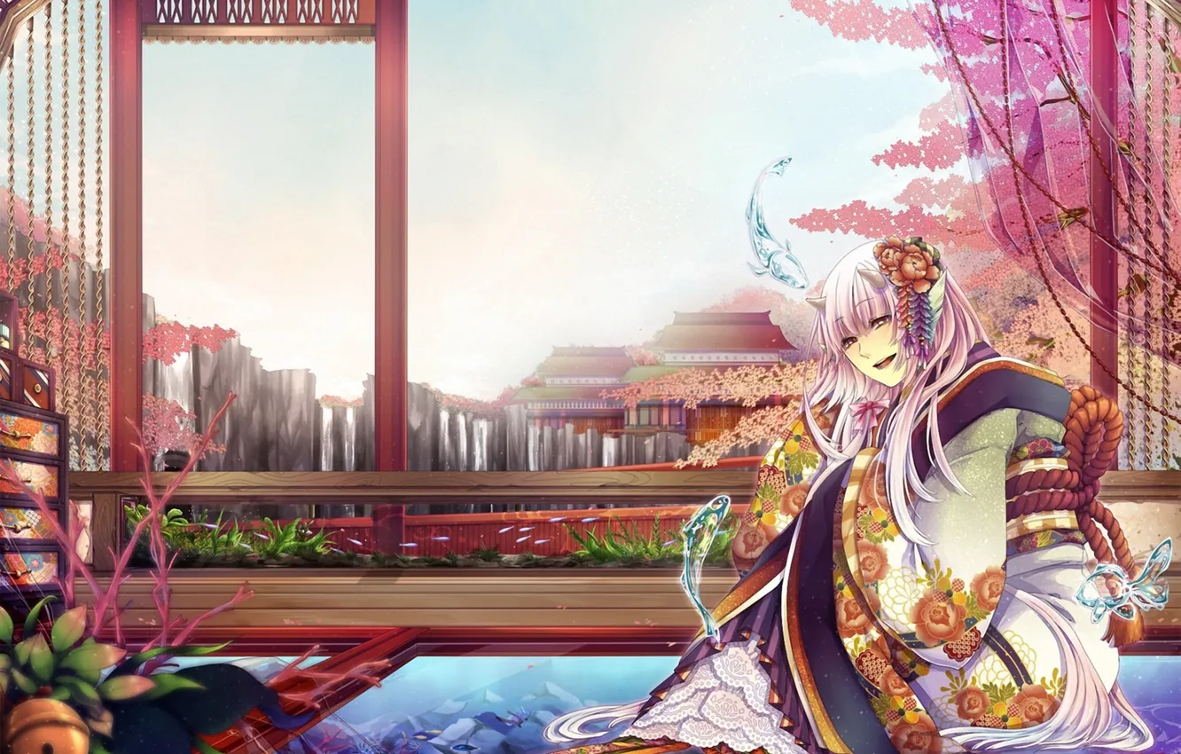 Photo wallpaper water, girl, fish, pond, fish, the demon, art, horns