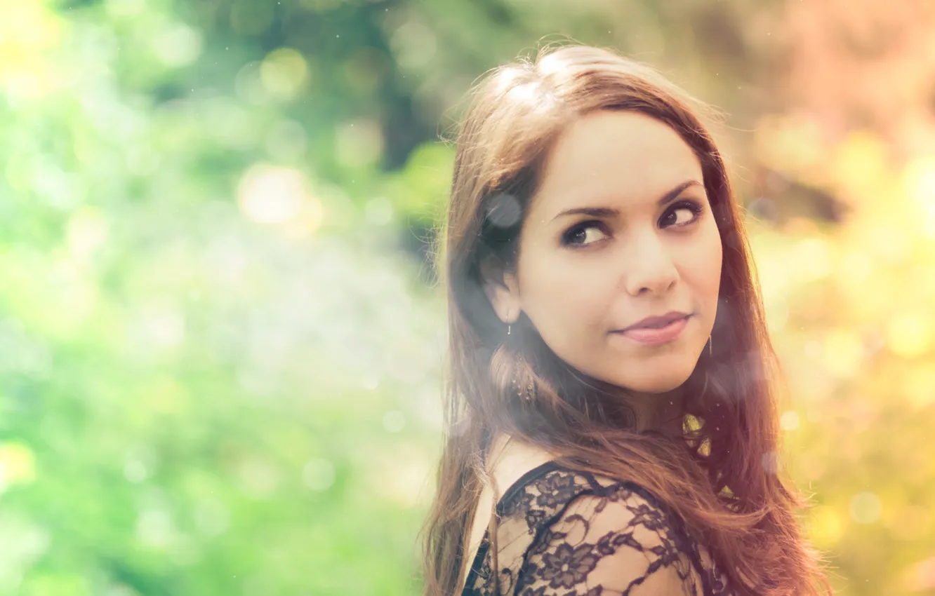 Photo wallpaper girl, smile, brown hair, bokeh