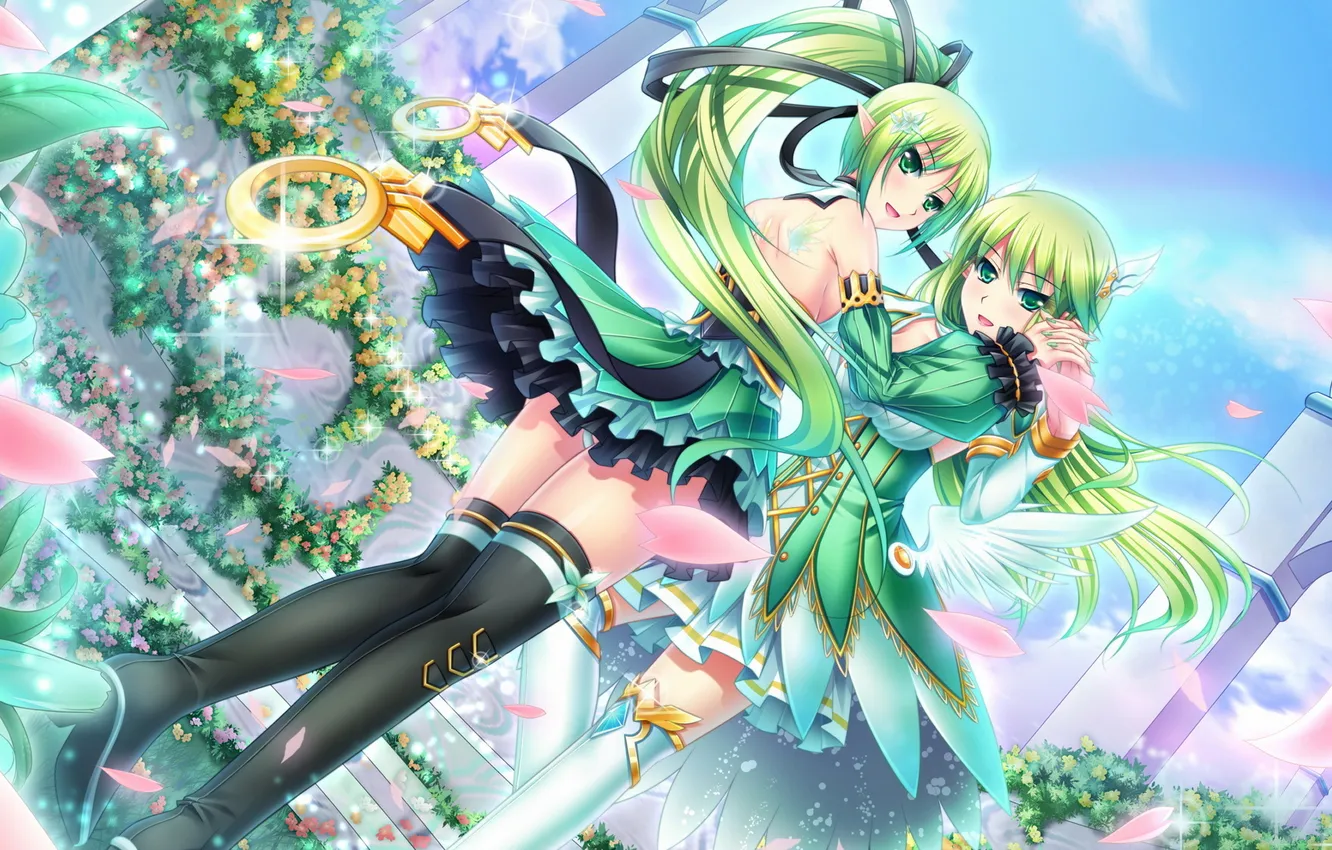 Photo wallpaper girl, wings, petals, garden, elf, ears, green hair