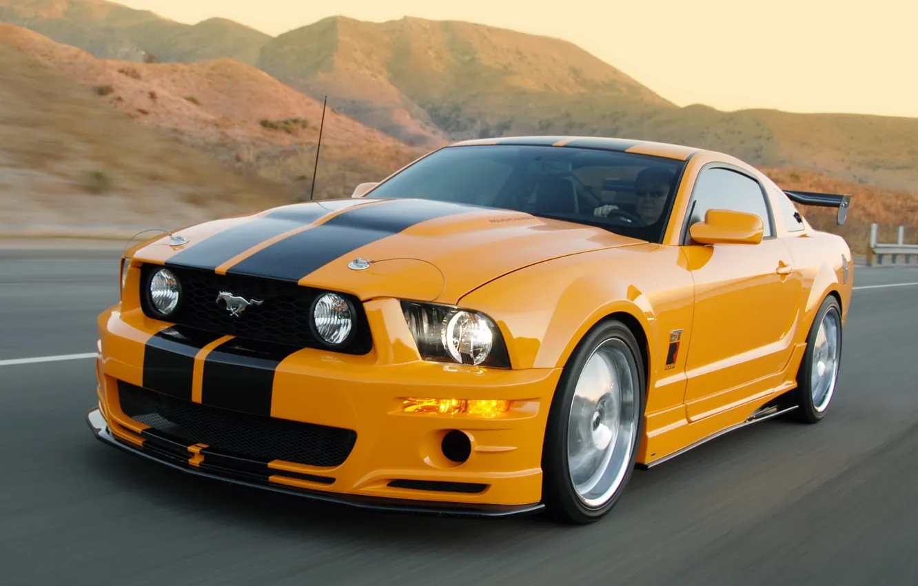 Photo wallpaper mountains, orange, speed, Mustang, Ford, Mustang, Ford, orange