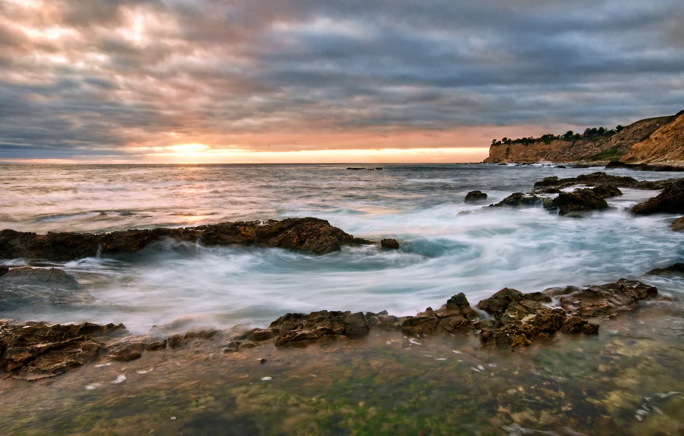 Photo wallpaper sea, sunset, stones, shore
