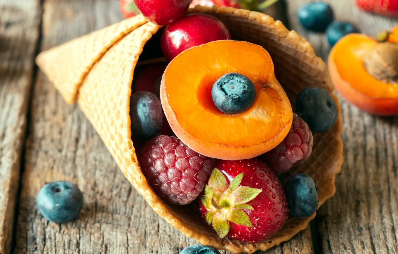 Photo wallpaper cherry, berries, raspberry, blueberries, strawberry, ice cream, horn, peach