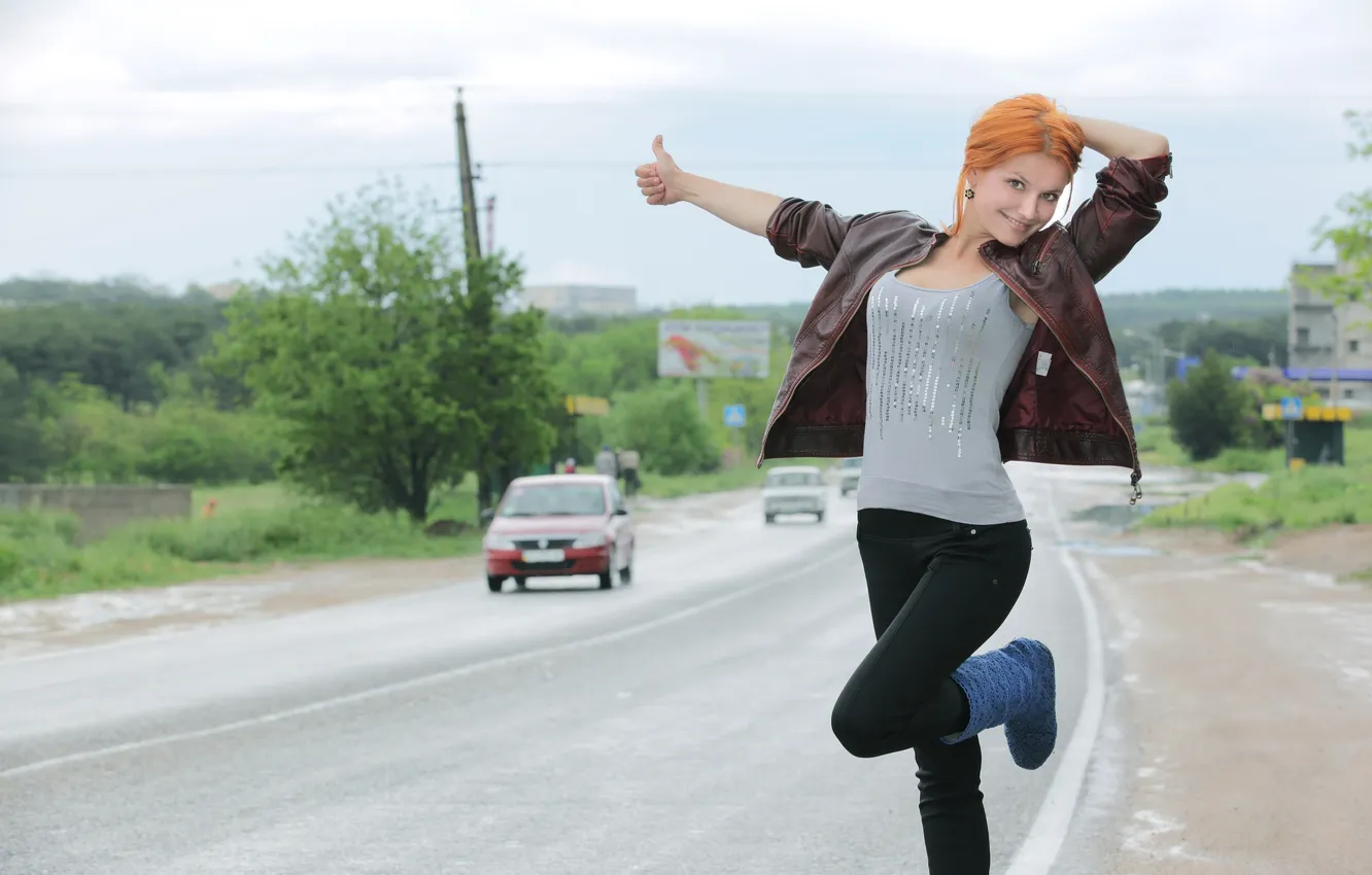 Photo wallpaper road, machine, look, smile, hitchhiking, vote, Violla A