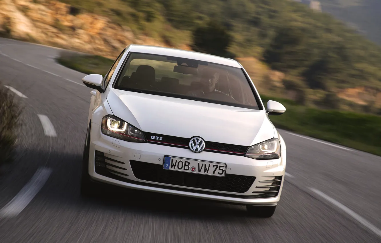 Photo wallpaper road, machine, auto, white, lights, Volkswagen, grille, logo