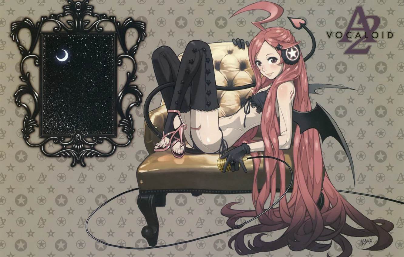 Photo wallpaper headphones, tail, gloves, microphone, grey background, vocaloid, long hair, Vocaloid