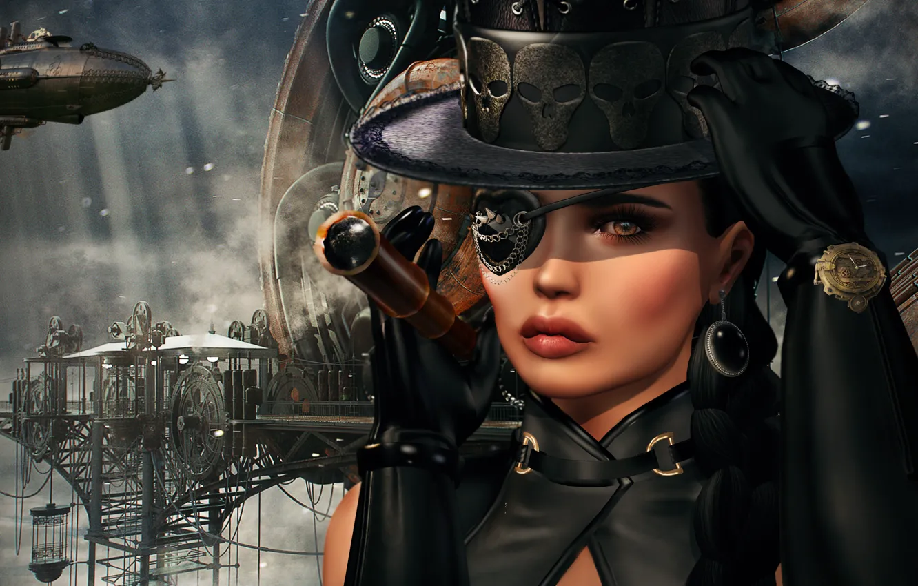 Photo wallpaper look, girl, face, background, steampunk