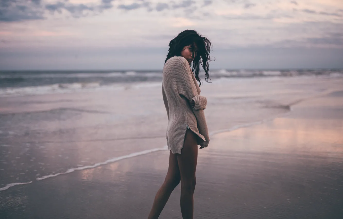 Photo wallpaper sand, beach, girl, the wind, curls