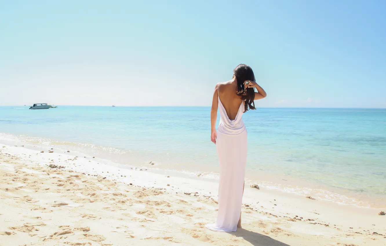 Photo wallpaper beach, summer, girl, the ocean, hair, white dress