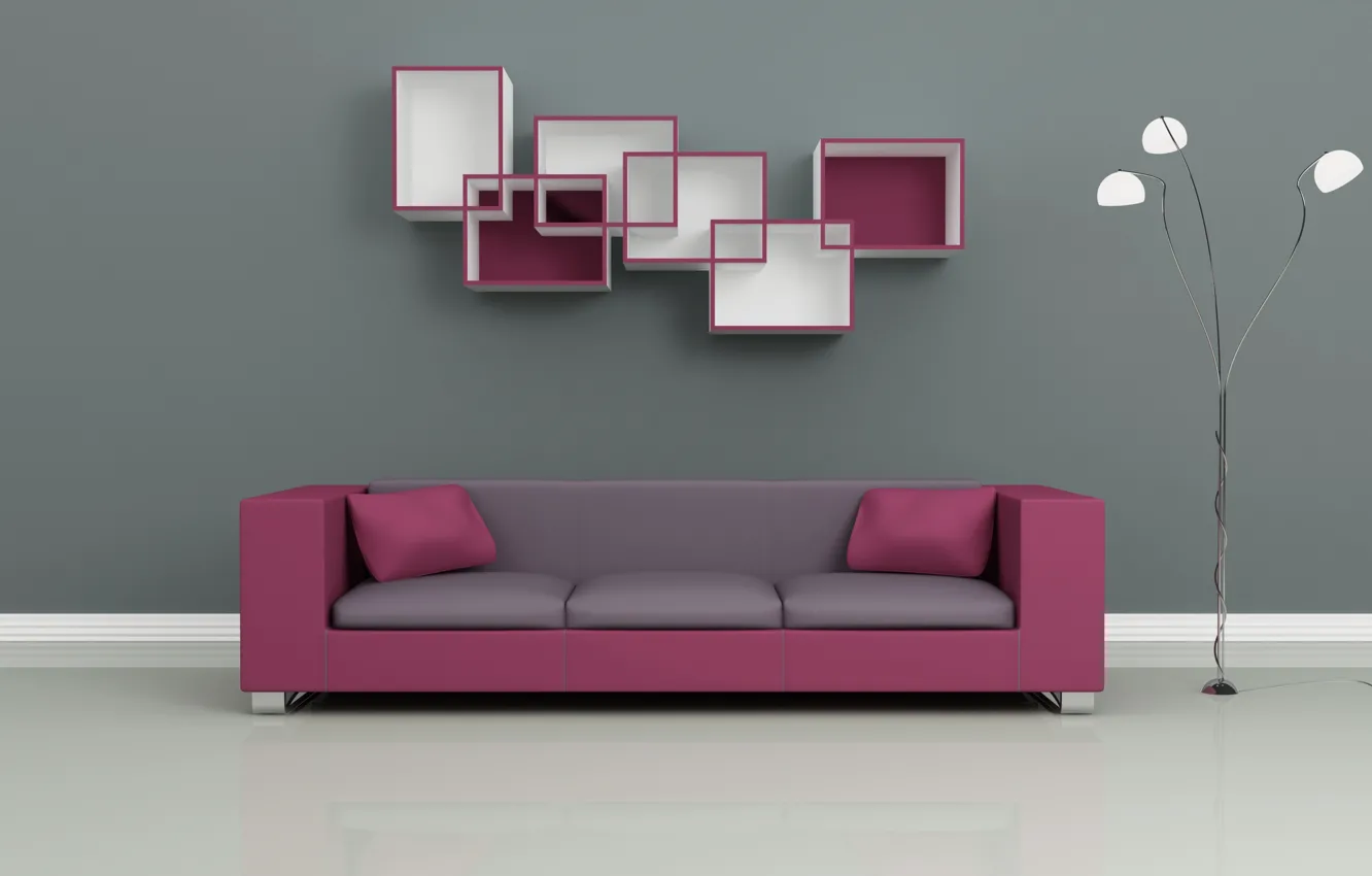 Photo wallpaper sofa, lamp, shelves