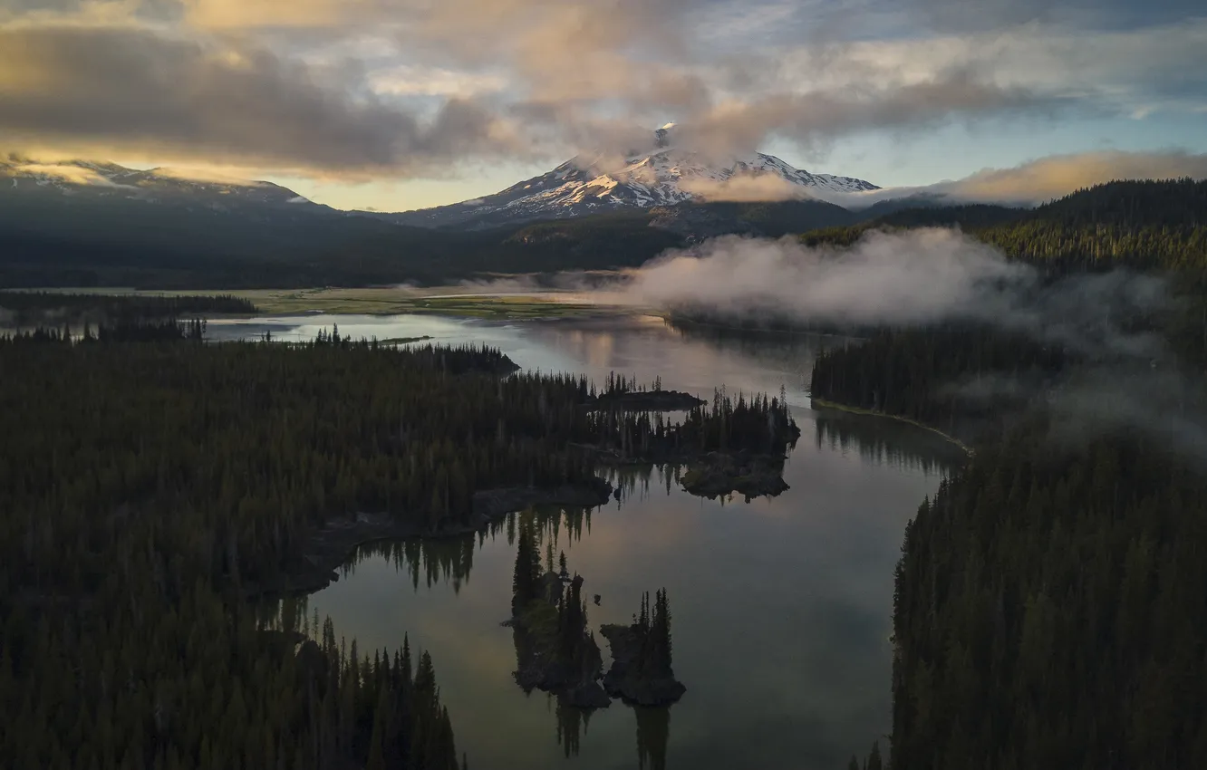 Photo wallpaper forest, the sky, clouds, light, snow, mountains, fog, river
