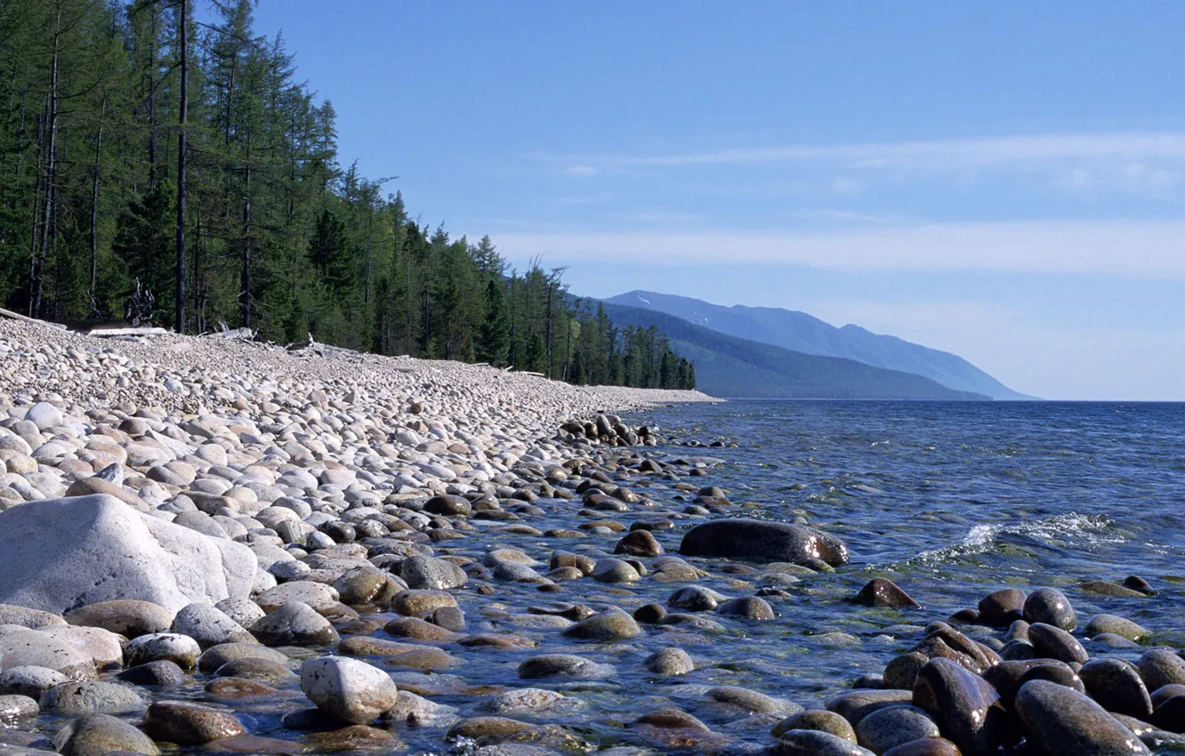 Photo wallpaper mountains, beach, lake, water, forest, stones