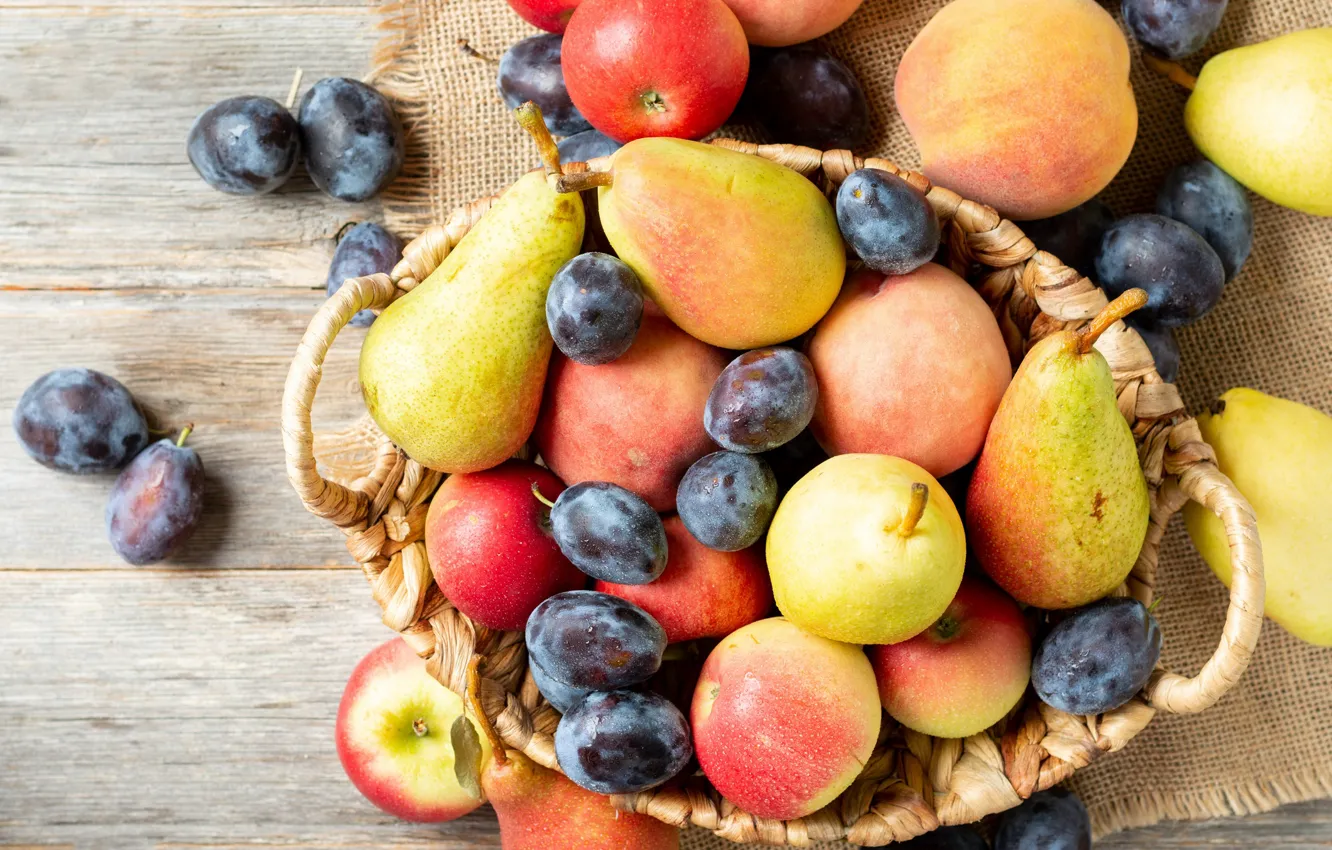Photo wallpaper apples, fruit, basket, peaches, plum, pear, different, burlap