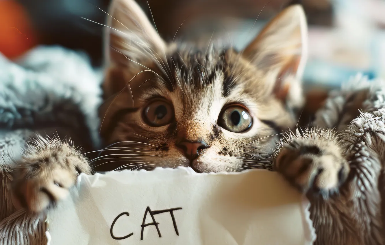 Photo wallpaper cat, cat, look, light, pose, paper, grey, the inscription