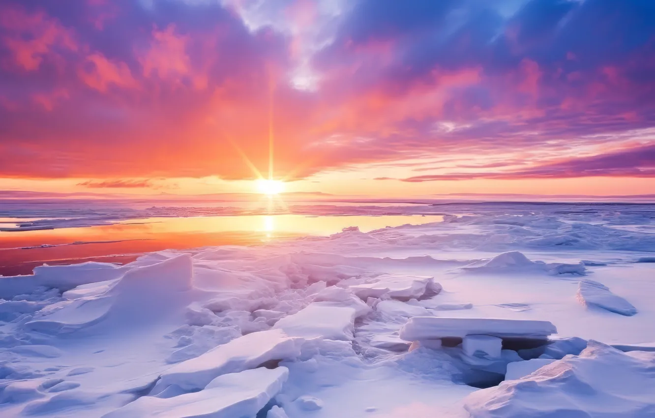 Photo wallpaper ice, winter, the sky, the sun, clouds, rays, light, snow