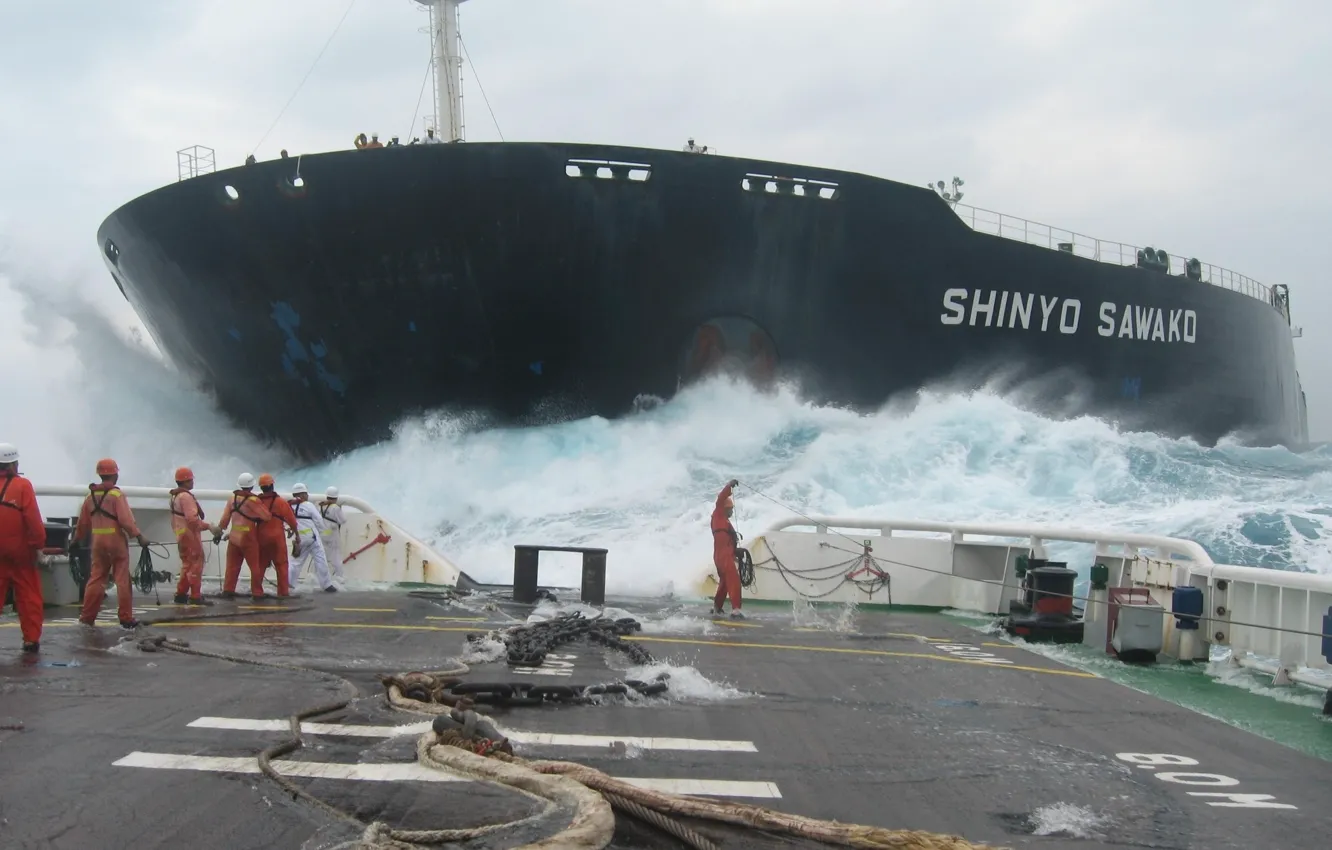 Photo wallpaper sea, wave, storm, the ocean, ship, team, tanker, deck