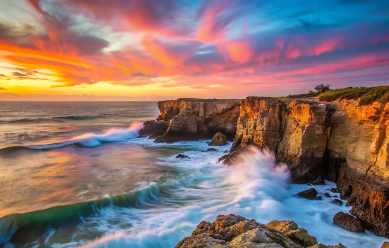 Photo wallpaper sea, wave, sunset, clouds, rocks, shore, waves, sea