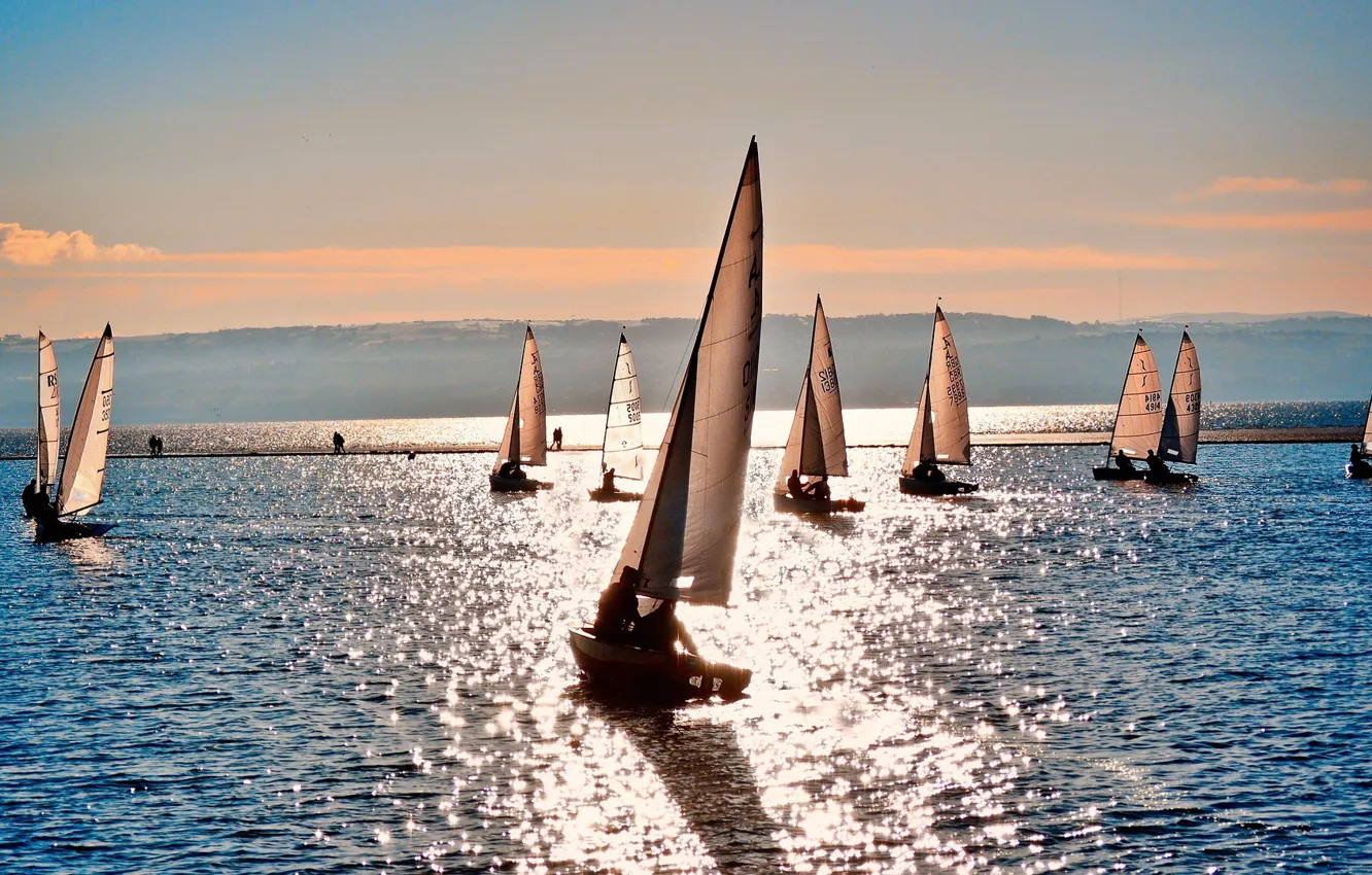 Photo wallpaper sea, the sun, reflection, day, sails, clear, court, sailing
