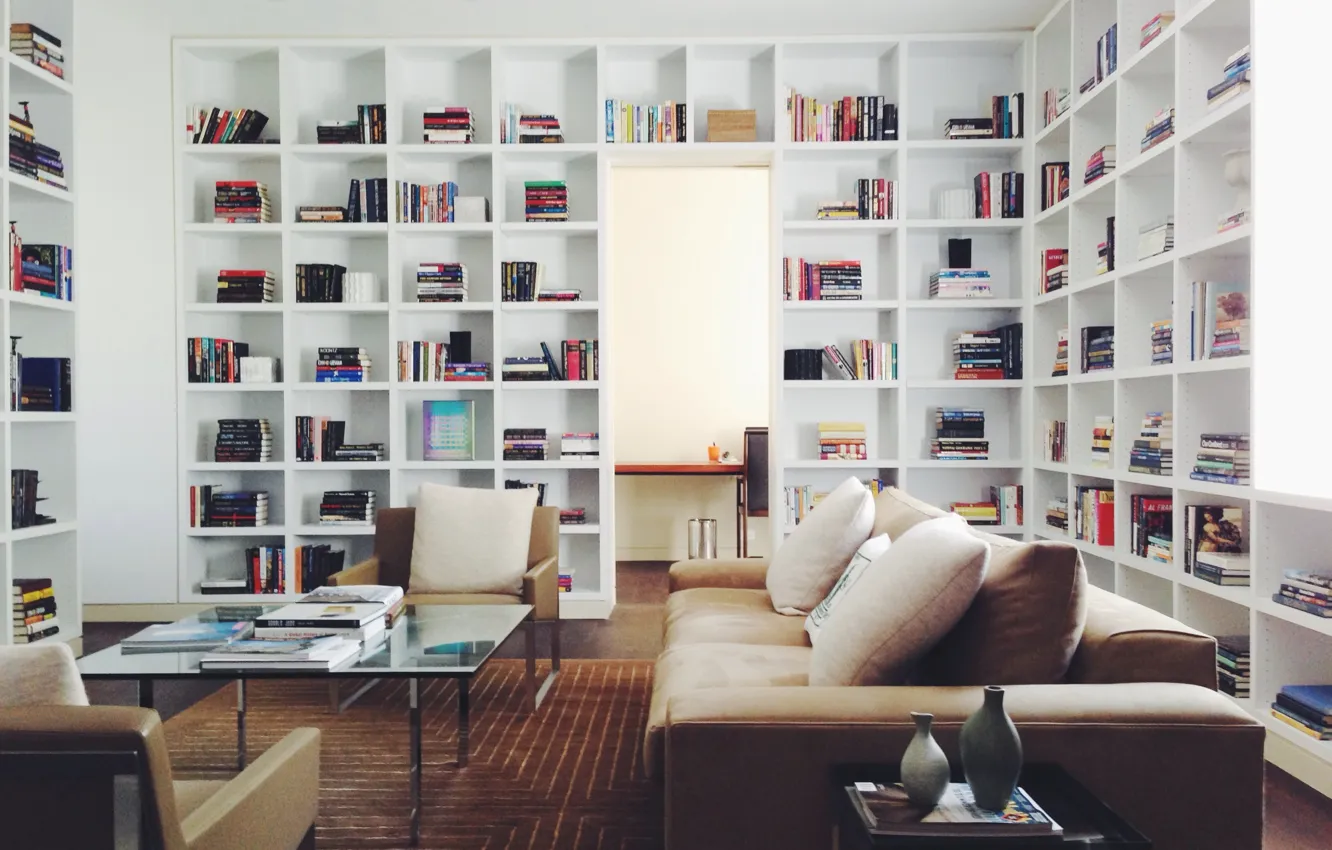 Photo wallpaper sofa, books, carpet, reading room