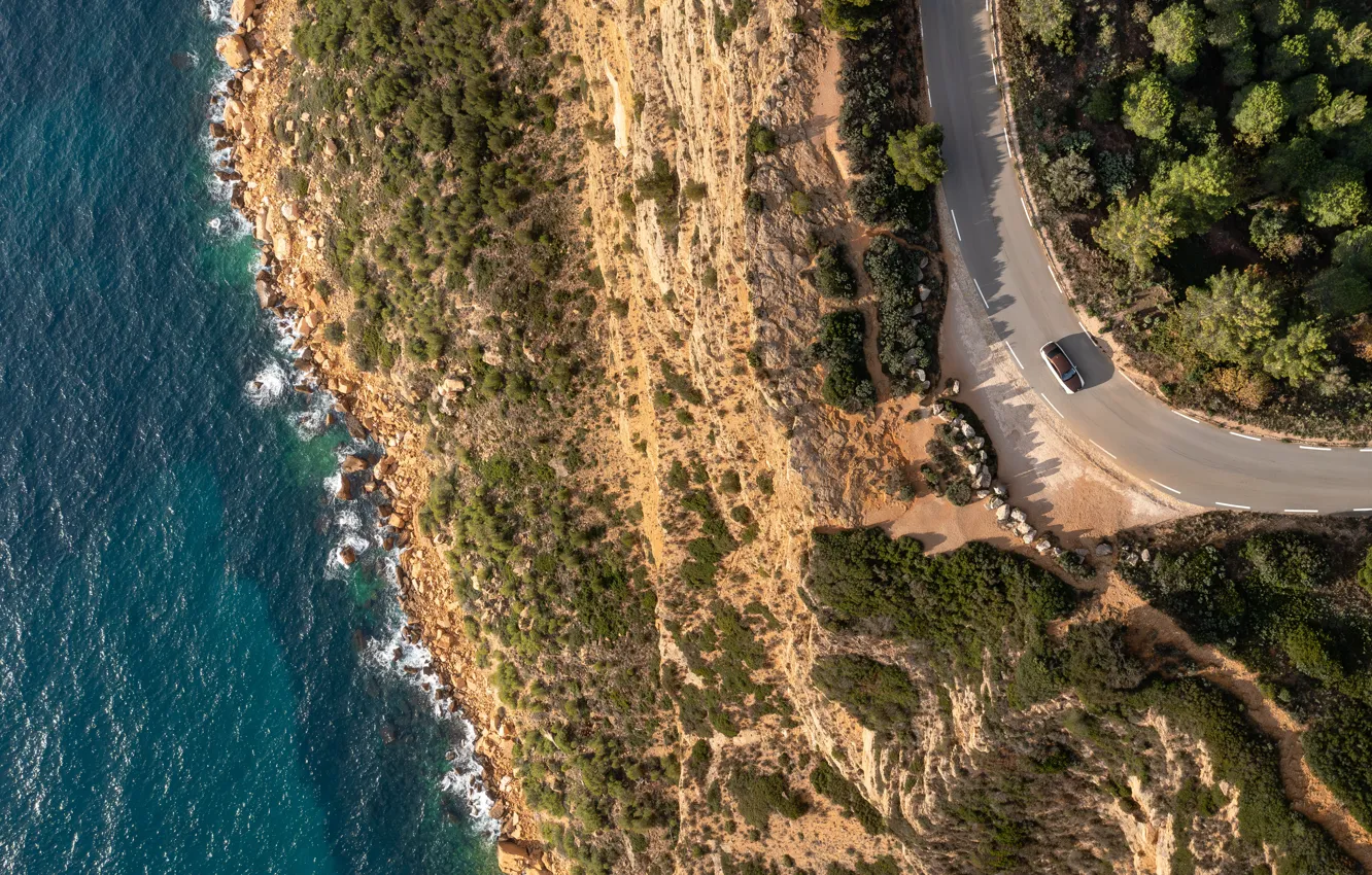 Photo wallpaper car, Rolls-Royce, Ghost, road, trees, sea, coast, water
