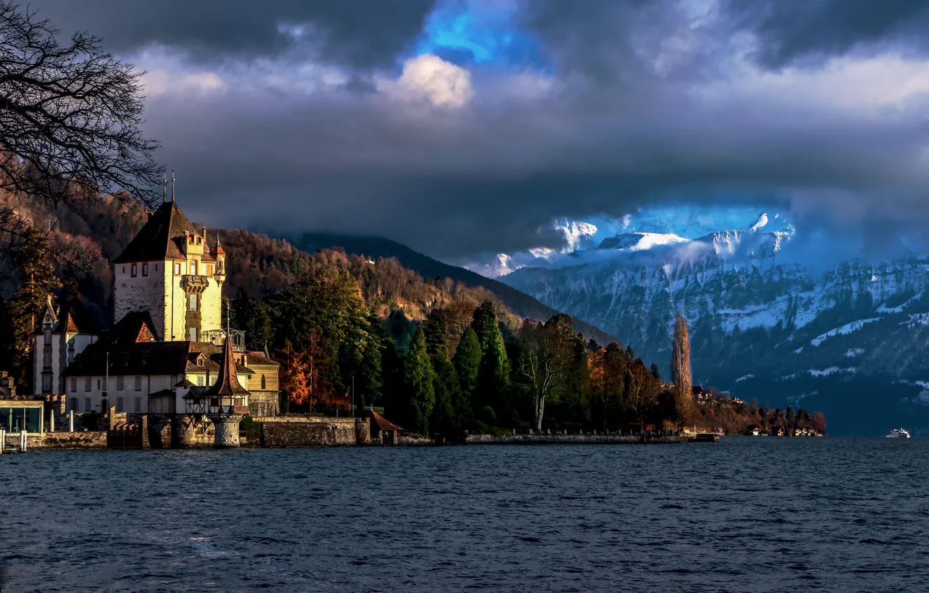 Photo wallpaper forest, clouds, landscape, mountains, nature, castle, Switzerland, Alps