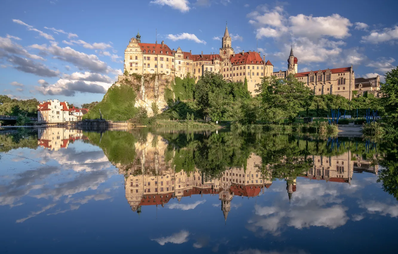 Photo wallpaper trees, reflection, river, castle, Germany, Germany, Baden-Württemberg, Baden-Württemberg