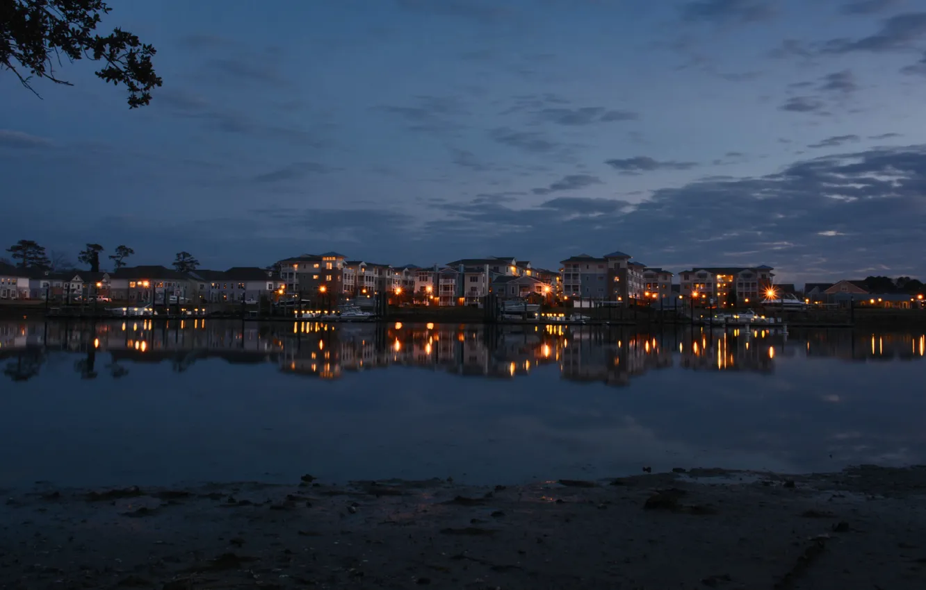 Photo wallpaper Doc, reflection, light, water, twilight, building, Virginia, USA