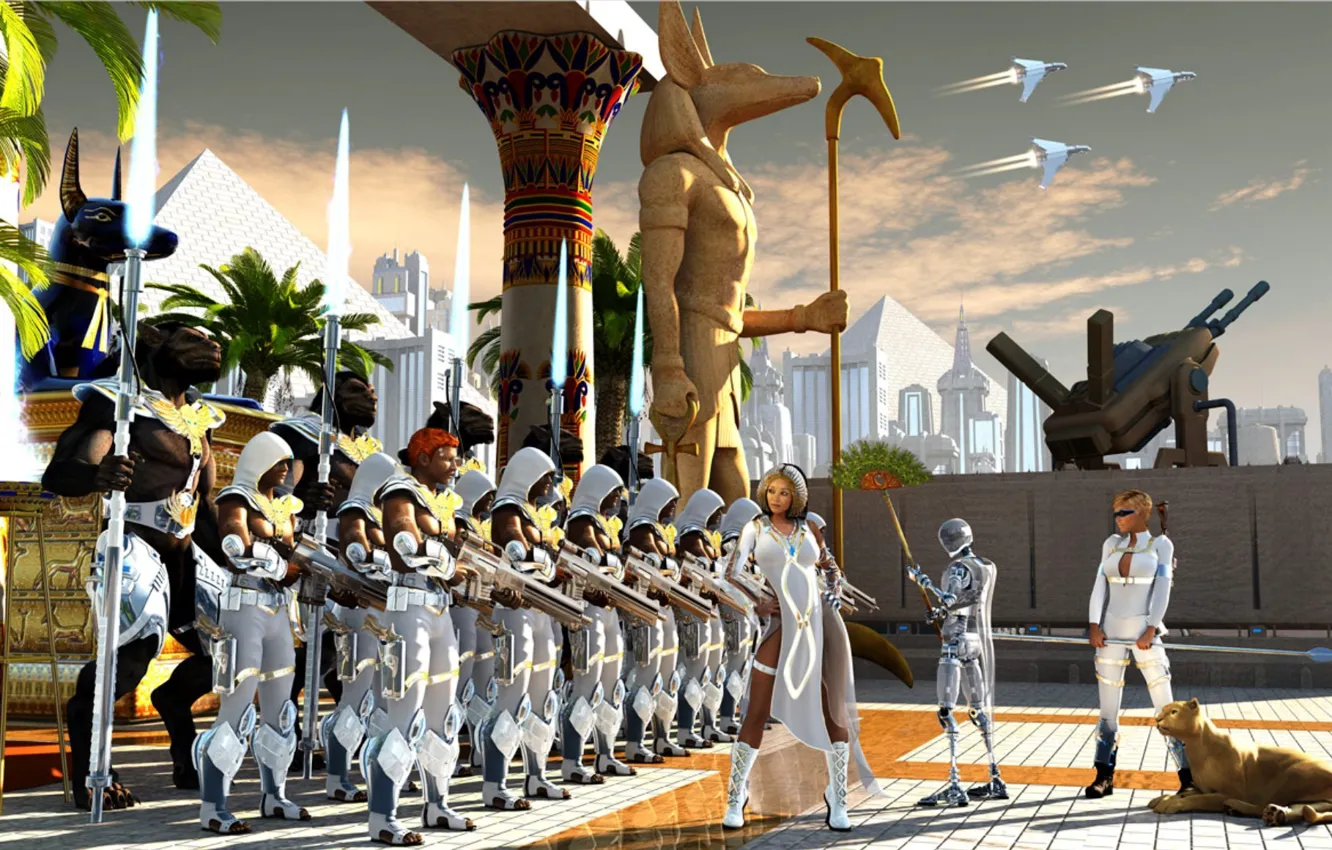Photo wallpaper the sky, clouds, Palma, pyramid, statue, Puma, spaceship, troop inspection