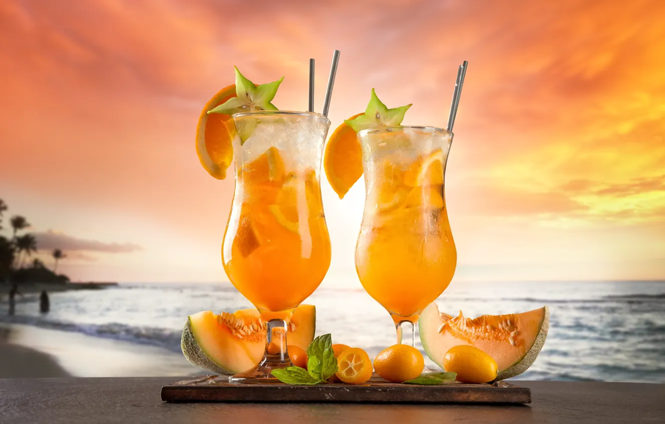 Photo wallpaper sea, beach, cocktail, summer, fruit, beach, fresh, sea