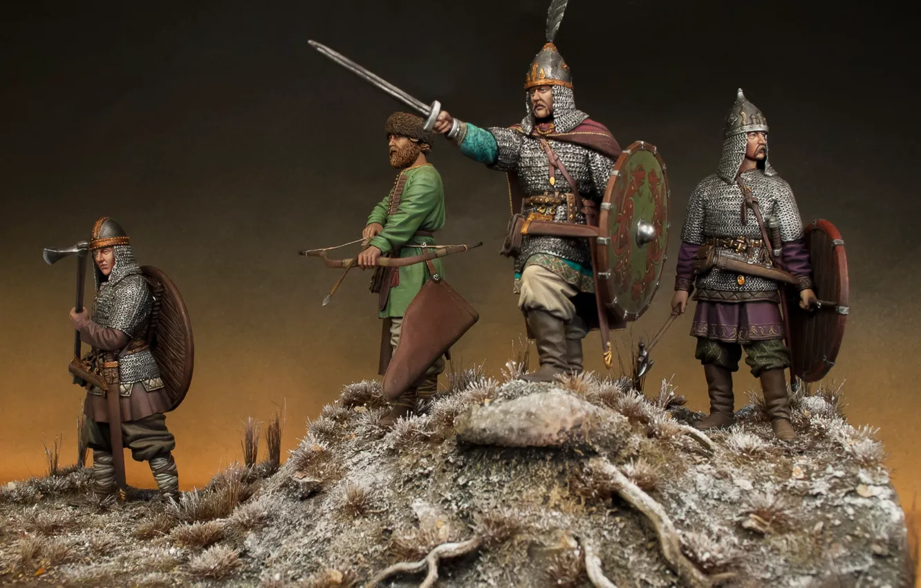 Photo wallpaper Warriors, Swords, Archer, Shields, The Vikings, Helmet, The Warriors Of Ancient Russia, Military-historical miniature