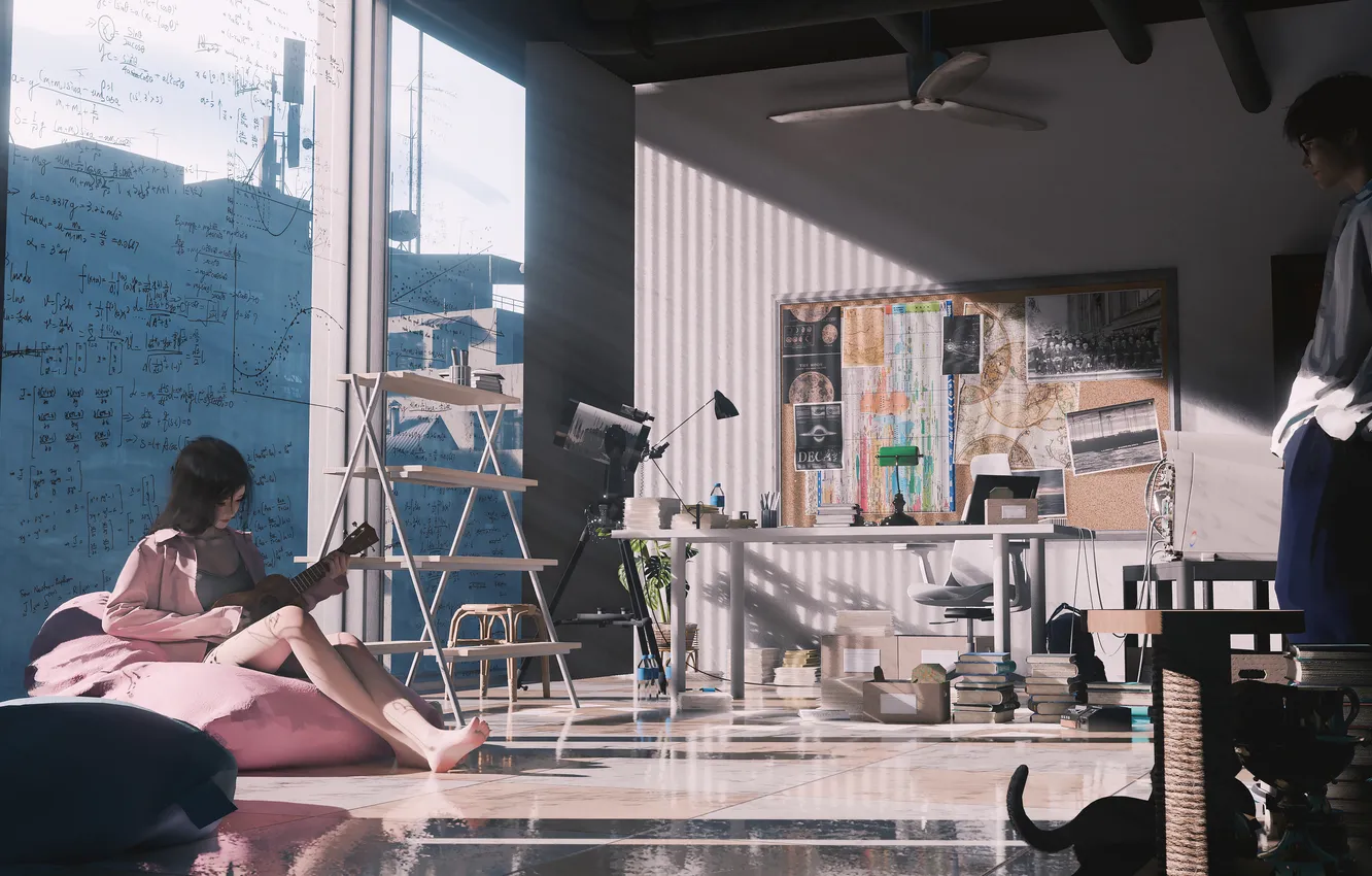 Photo wallpaper cat, girl, room, guy, ukulele, Wlop