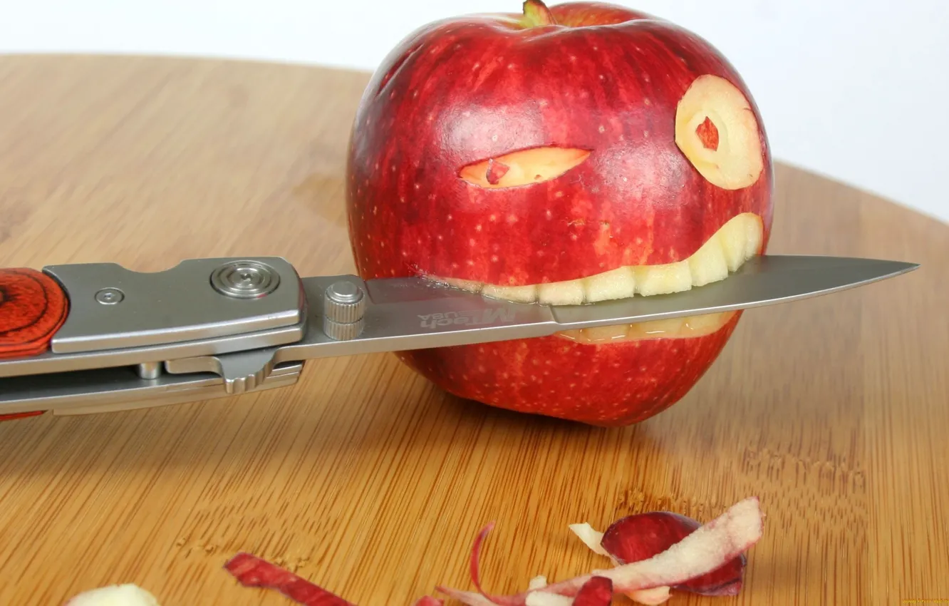 Photo wallpaper eyes, table, teeth, Apple, knife