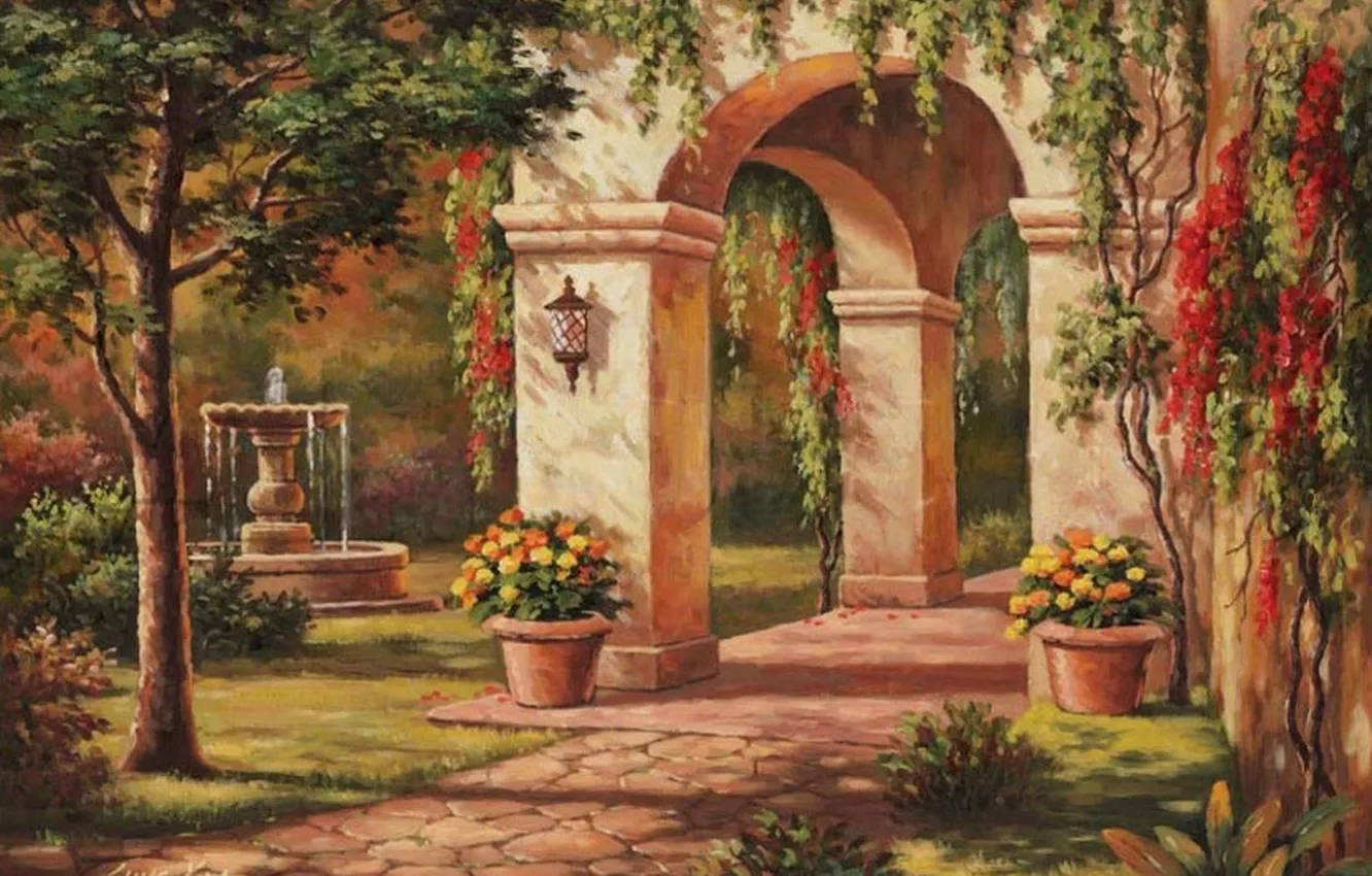 Photo wallpaper house, picture, fountain, arch, painting, facade, painting, Sung Kim