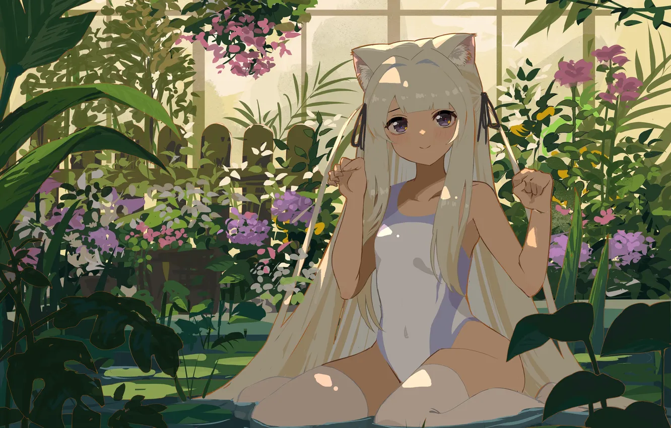 Photo wallpaper girl, sexy, thighhighs, long hair, legs, animal ears, sexy girl, anime