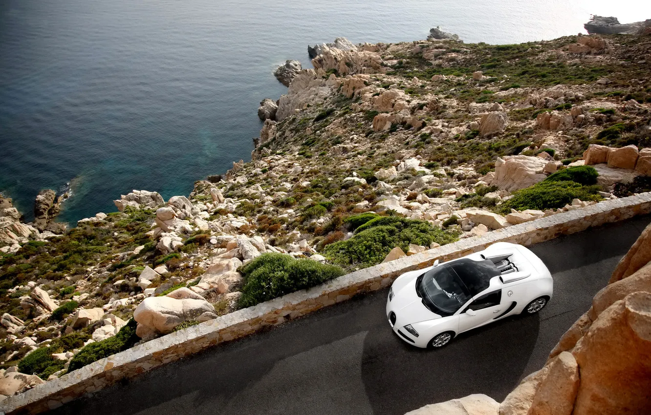 Photo wallpaper rocks, shore, cars, Bugatti, Grand, Veyron, cars, auto wallpapers